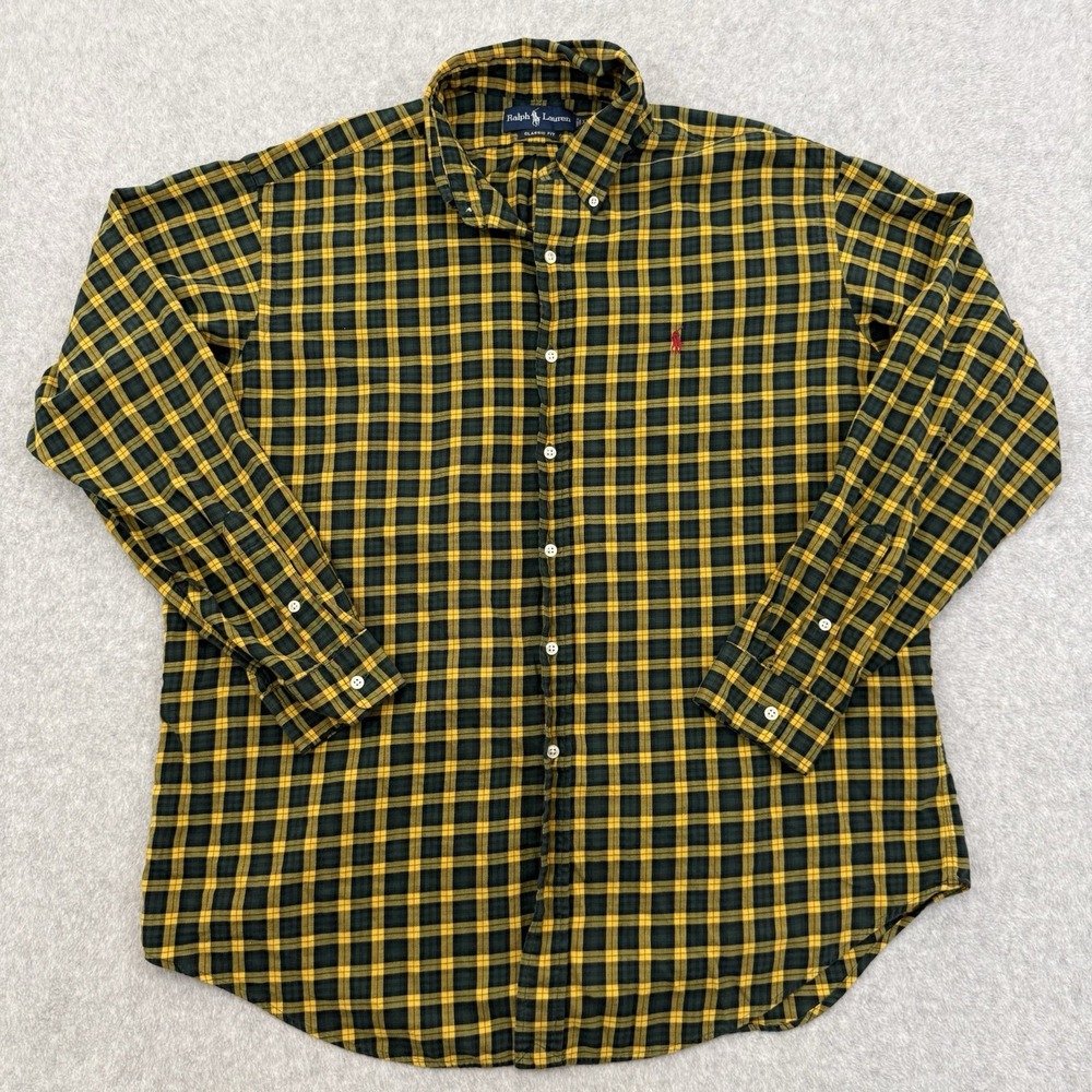 Ralph Lauren Shirt Mens XL Yellow Green Plaid Classic Fit Button Tartan Preppy